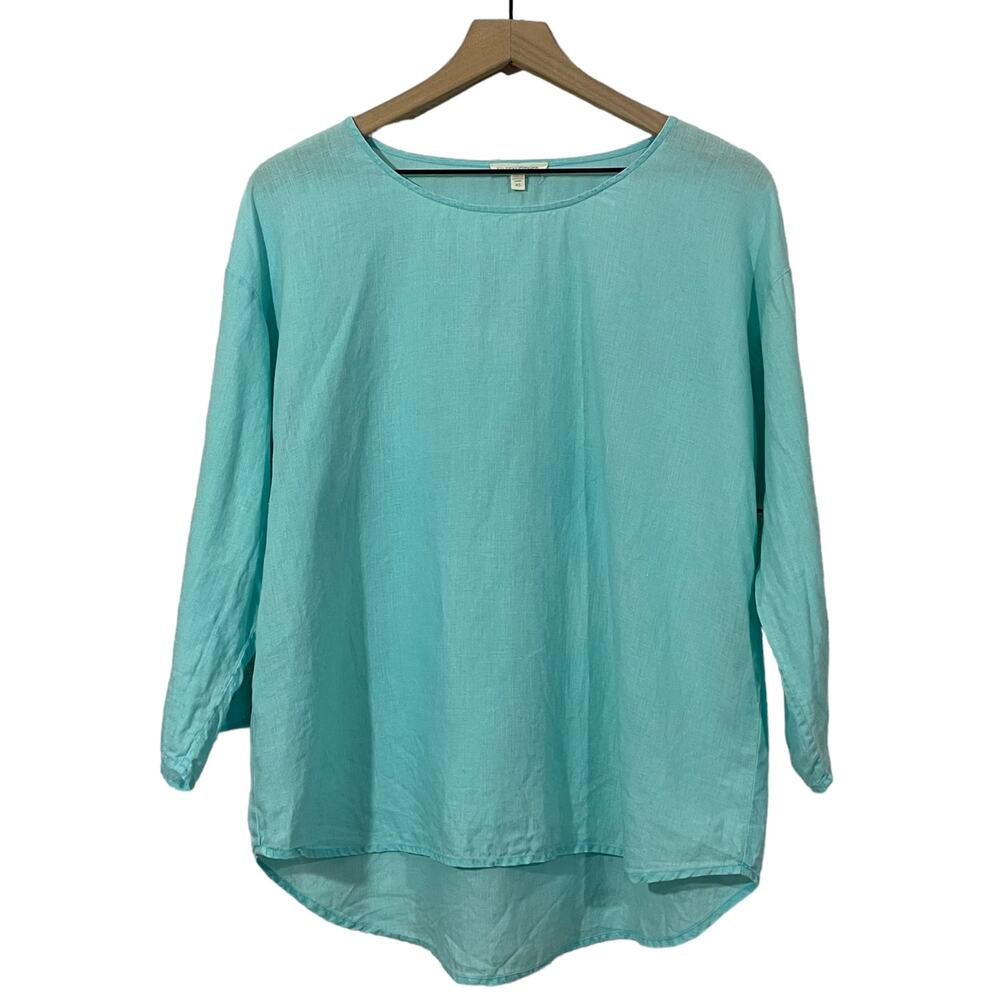 Eileen Fisher Irish Linen Roll Tab Sleeve Top - Aqua - XS